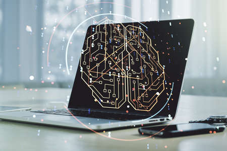 Double exposure of creative human brain microcircuit with computer on background. Future technology and AI conceptの写真素材