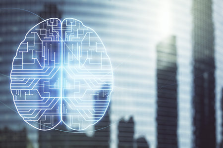 Virtual creative artificial Intelligence hologram with human brain sketch on office buildings...