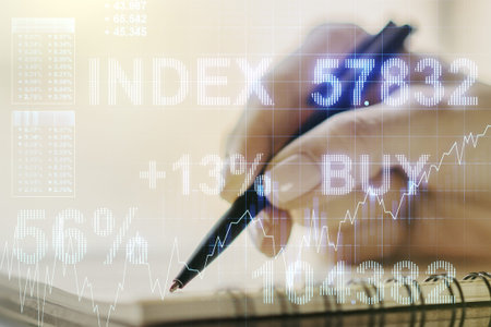 Multi exposure of abstract financial diagram with hand writing in notepad on background, banking and...
