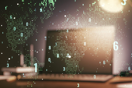 Multi exposure of abstract software development hologram with world map on laptop background, global...