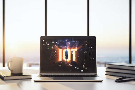 Creative IOT hologram on modern laptop monitor, internet of things concept. 3D Renderingの写真素材