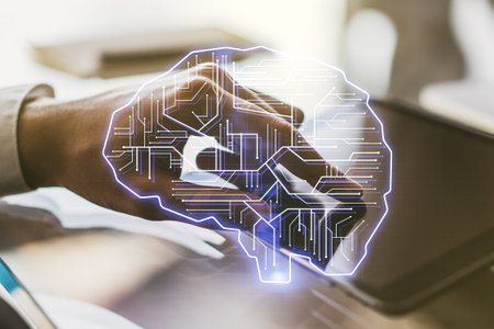 Creative artificial Intelligence concept with human brain sketch and finger presses on a digital...