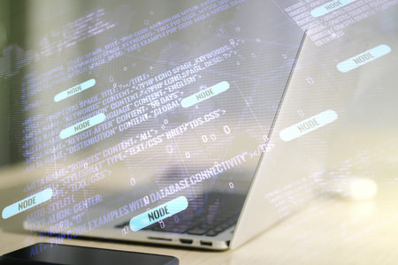 Multi exposure of abstract creative coding sketch with world map on modern laptop background,...