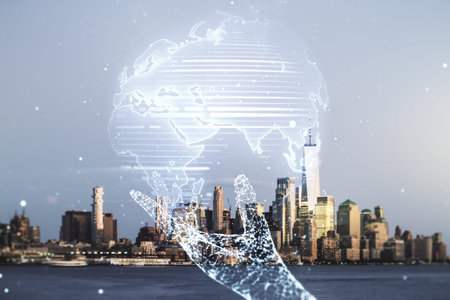 Double exposure of abstract digital world map on New York city skyscrapers background, research and...
