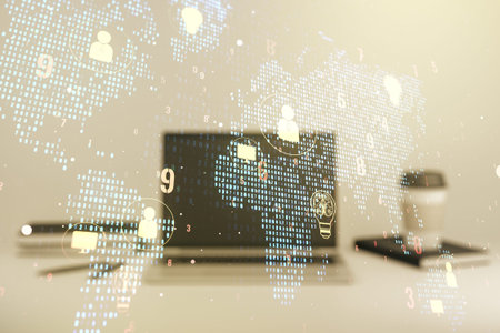 Double exposure of social network icons concept with world map and computer on background....