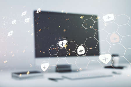 Creative abstract medical sketch on modern laptop background, Medicine and healthcare concept. Multiexposureの写真素材