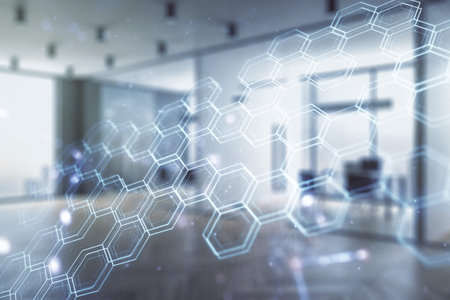 Double exposure of abstract virtual technology hologram with hexagon on modern corporate office...