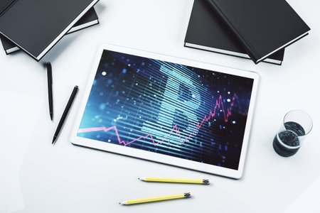 Creative Bitcoin concept on modern digital tablet screen. Top view. 3D Rendering