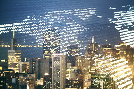 Double exposure of digital map of North America hologram on San Francisco city skyscrapers...