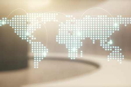 Abstract virtual world map with connections on empty corporate office background, international...
