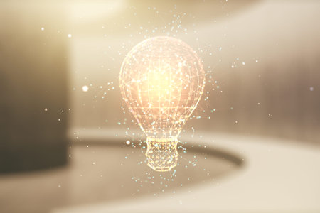 Abstract virtual light bulb hologram on empty classroom background, idea concept. Multiexposure