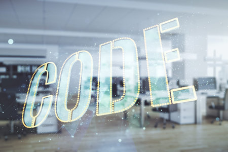 Code word hologram on modern corporate office background, artificial intelligence and neural...