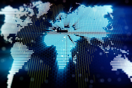 Abstract creative digital world map on abstract blue background, globalization concept. 3D Rendering