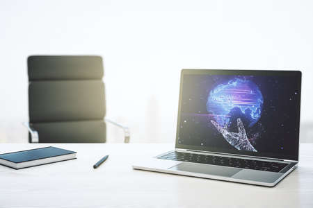 Modern computer screen with abstract creative digital world map, research and analytics concept. 3D Renderingの写真素材