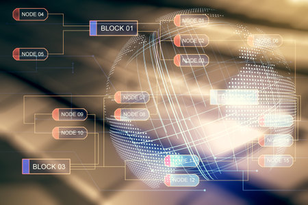 Double exposure of abstract creative programming illustration and world map on shiny metal...