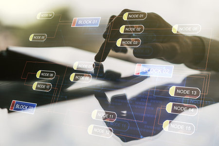 Double exposure of abstract programming language hologram with finger clicks on a digital tablet on...