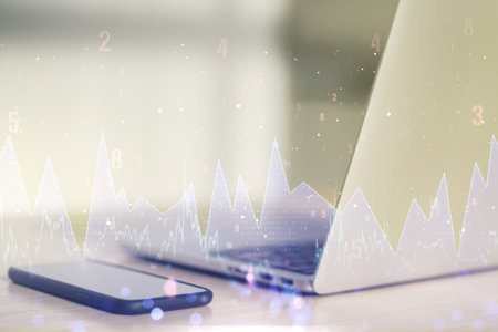 Multi exposure of abstract statistics data hologram interface on computer background, computing and...