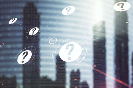 Double exposure of abstract virtual question mark hologram on modern skyscrapers background. Sociology and psychology conceptの写真素材