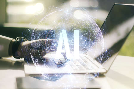 Creative artificial Intelligence symbol concept with hands typing on computer keyboard on background. Double exposureの写真素材