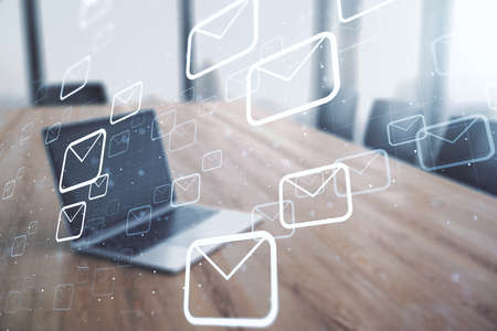 Creative abstract postal envelopes hologram on modern computer background, email and notification concept. Multiexposureの写真素材