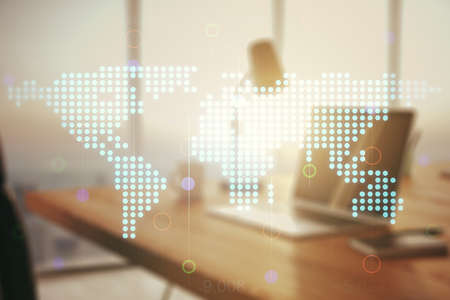 Multi exposure of abstract graphic world map on computer background, connection and communication conceptの写真素材