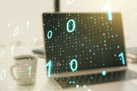 Creative abstract binary code sketch on modern laptop background, hacking and matrix concept....