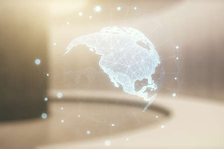 Double exposure of digital map of North America hologram on empty modern office background, research and strategy conceptの写真素材
