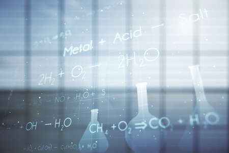 Double exposure of abstract virtual chemistry hologram on modern interior background, research and development conceptの写真素材