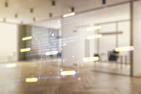 Double exposure of abstract creative programming illustration on a modern furnished office interior background, big data and blockchain conceptの写真素材