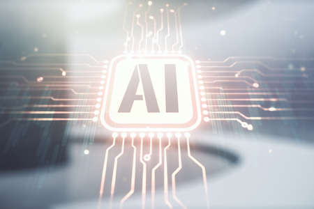Abstract virtual artificial Intelligence symbol hologram on empty corporate office background. Multiexposureの写真素材