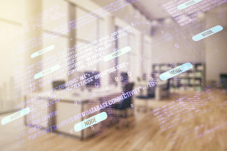 Double exposure of abstract programming language hologram and world map on modern corporate office...