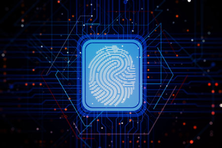 Virtual creative fingerprint hologram on dark background, protection of personal information...