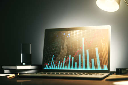 Computer monitor with abstract financial graph, finance and trading concept. 3D Renderingの写真素材