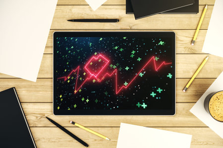Creative abstract heart pulse hologram on modern digital tablet display, online medical consulting...