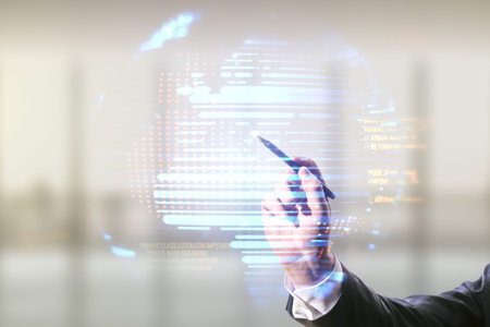 Double exposure of man hand with pen working with abstract creative programming illustration and...