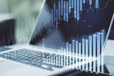 Multi exposure of abstract financial diagram on computer background, banking and accounting concept
