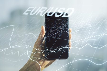 Creative EURO USD financial graph illustration and hand with mobile phone on background, forex and...