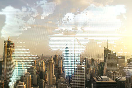 Abstract creative digital world map on New York cityscape background, globalization concept. Multiexposureの写真素材