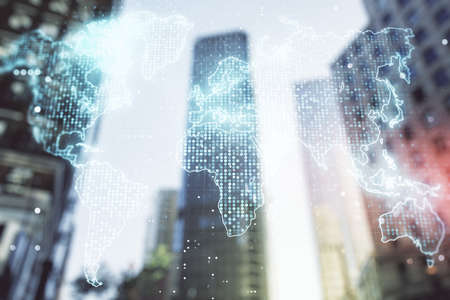 Abstract creative digital world map on modern architecture background, globalization concept. Multiexposureの写真素材