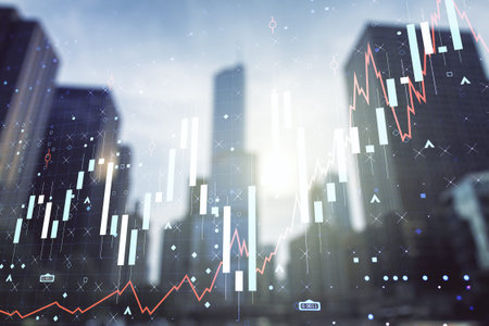 Double exposure of abstract financial graph on office buildings background, forex and investment...