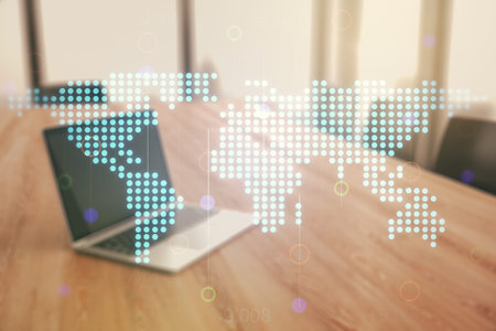 Double exposure of abstract digital world map on computer background, big data and blockchain...