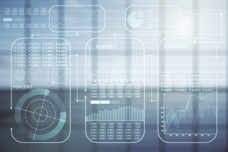 Multi exposure of stats data illustration on empty corporate office background, computing and...