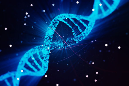 Creative light DNA illustration on blue background, science and biology concept. 3D Rendering