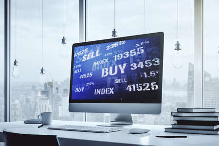 Abstract creative financial graph on modern laptop monitor, forex and investment concept. 3D Renderingの写真素材