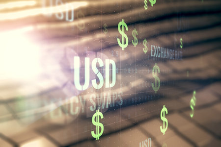 Virtual USD symbols illustration on blurry abstract metal background. Trading and currency concept....