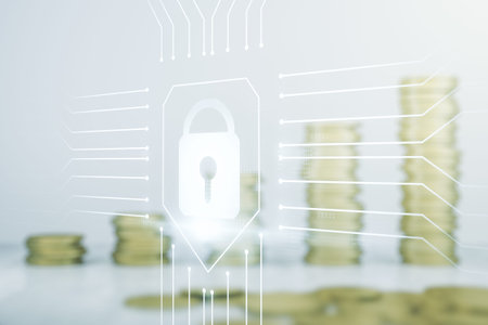 Double exposure of virtual creative lock hologram with chip on growing stacks of coins background....