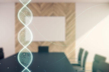 Virtual DNA symbol illustration on a modern conference room background. Genome research concept....