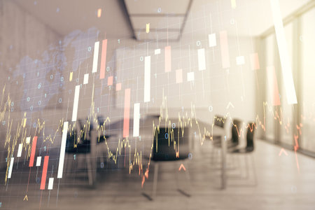 Multi exposure of virtual creative financial graph and world map on a modern conference room...