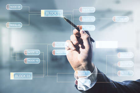 Double exposure of male hand with pen working with abstract programming language interface on blurred office background, research and development conceptの写真素材