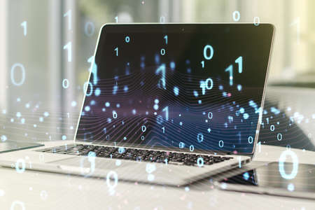 Creative abstract binary code hologram on modern computer background, AI and machine learning concept. Multiexposureの写真素材